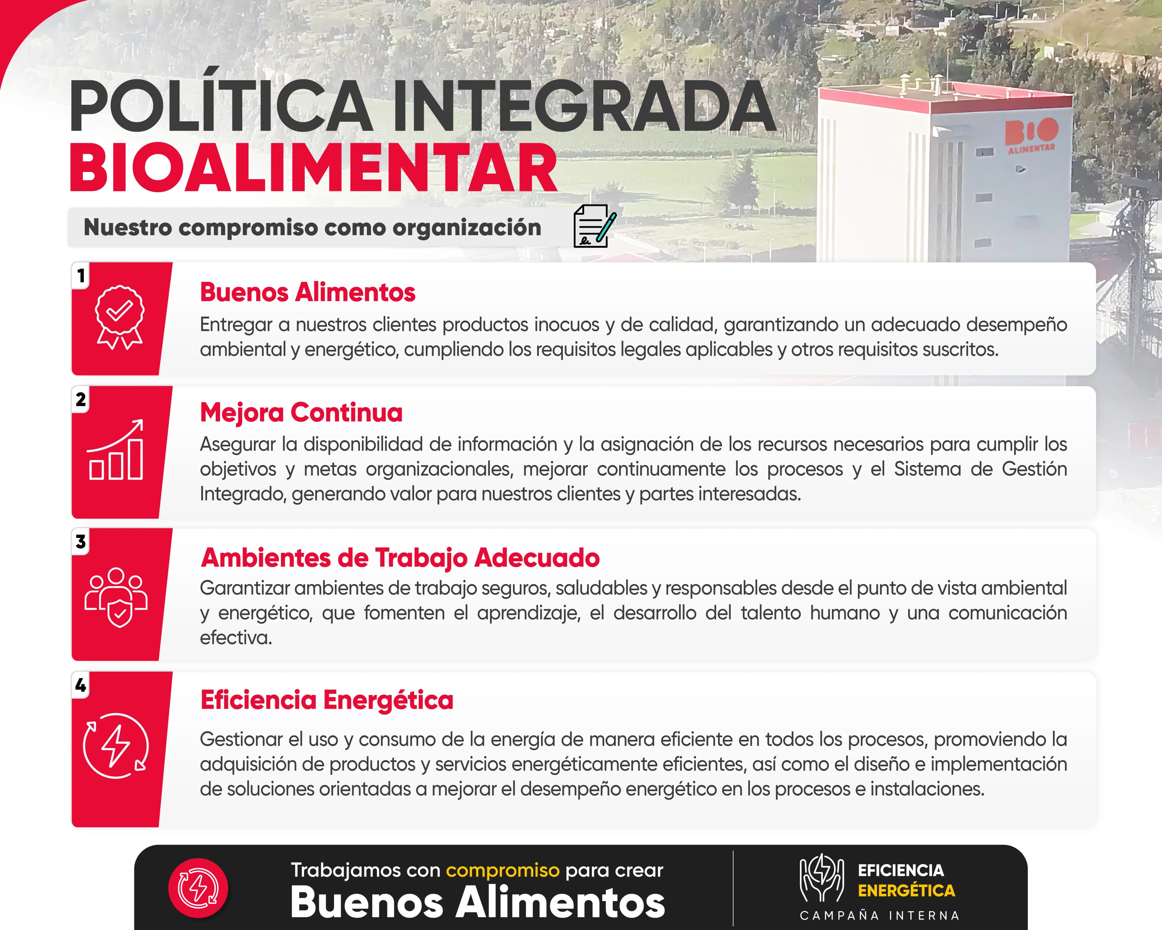 Política Integrada Bioalimentar: Buenos Alimentos, Mejora Continua, Ambientes de Trabajo Adecuado y Eficiencia Energética