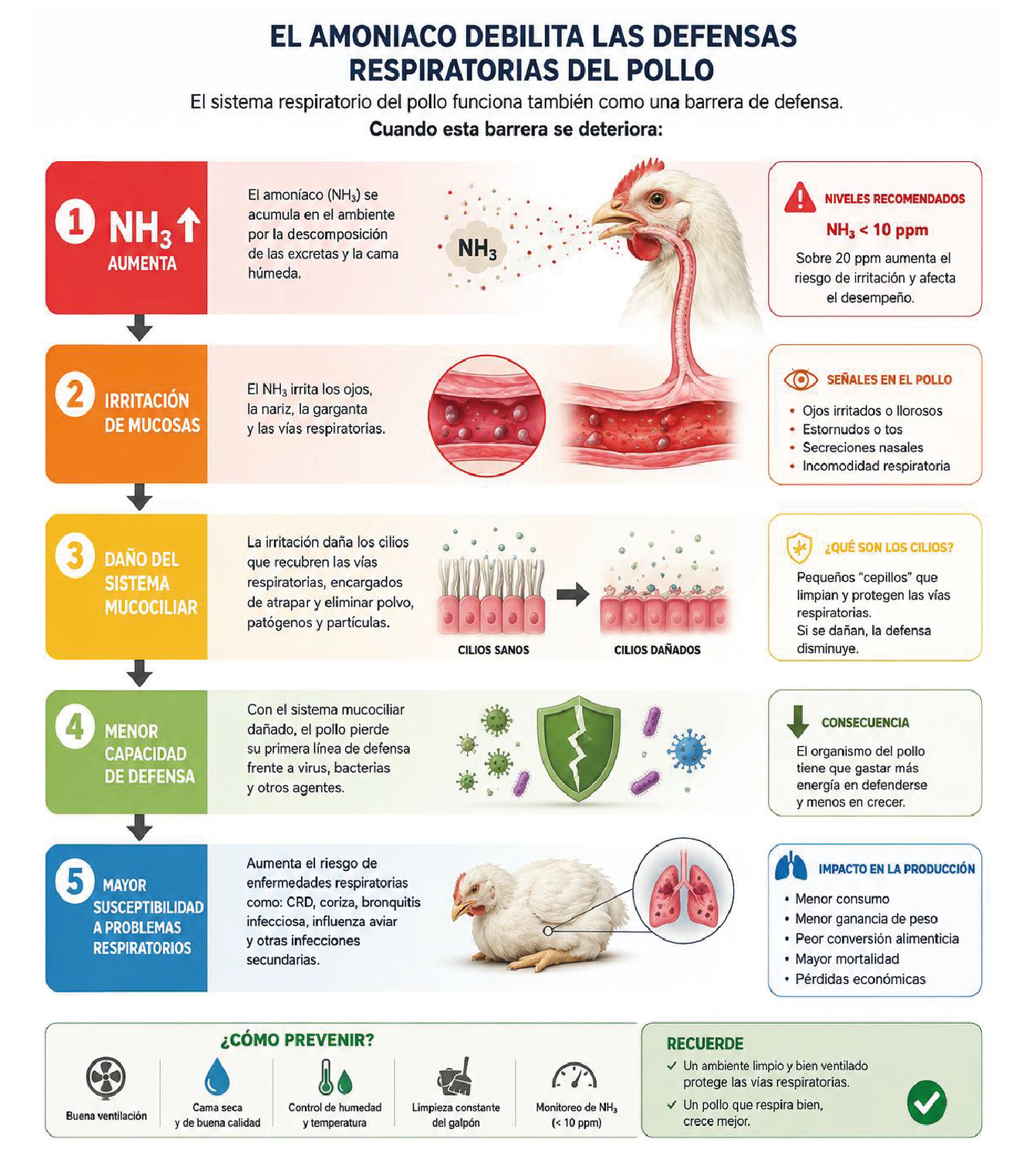 El amoníaco debilita las defensas respiratorias del pollo: infografía sobre los 5 pasos del daño respiratorio por NH₃